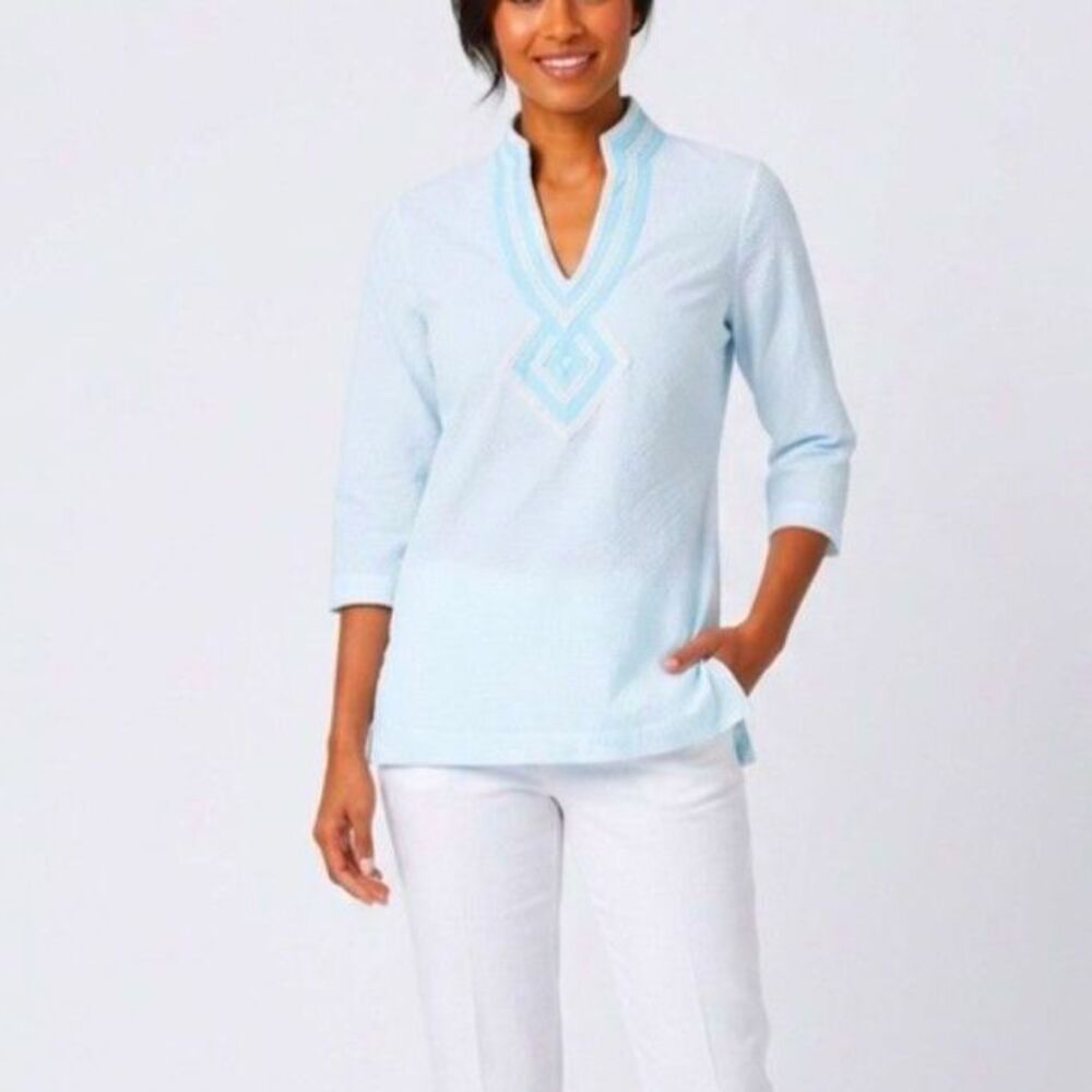Elizabeth McKay Women's Aqua White Stripe Seersucker 3/4 Sleeve Tunic Top Size 4